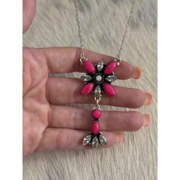 Southwest Jewelry - Native American SW Sterling Silver Neon Pink Jasper & CZ Cluster Lariat Necklace